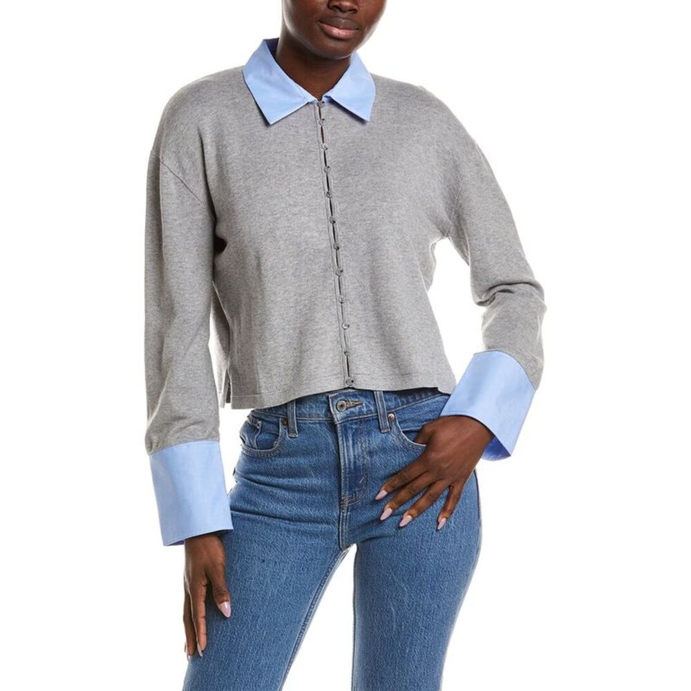 Naadam Womens Mixed Media Button Down Cashmere-Blend Shirt, Gray